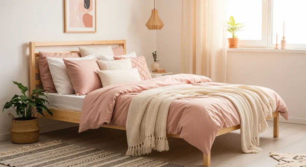 small apartment bedroom with blush pastel bedding