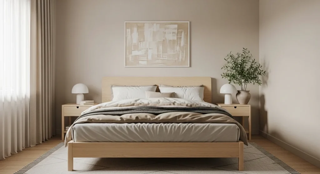 neutral minimalist small apartment bedroom