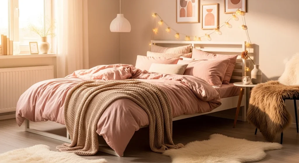pastel bedding in cute small apartment bedroom