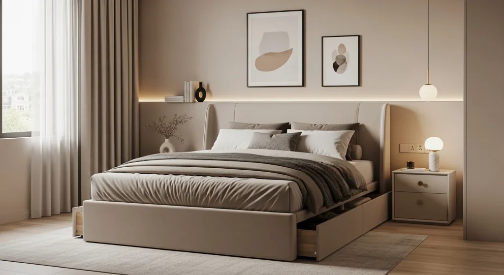 Small apartment bedroom with upholstered storage bed and built-in drawers, stylish small bedroom storage idea with neutral decor