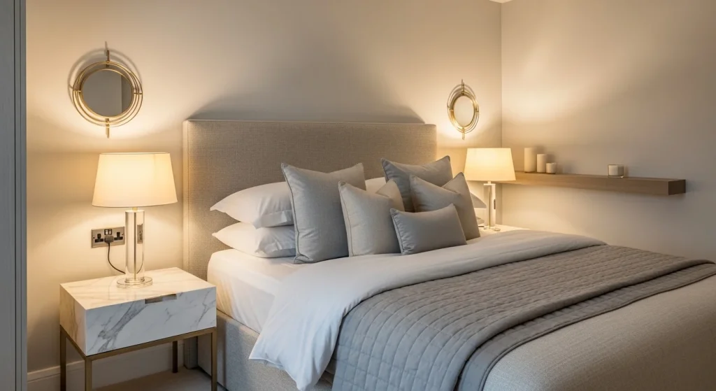 elegant layered bedding in small apartment bedroom