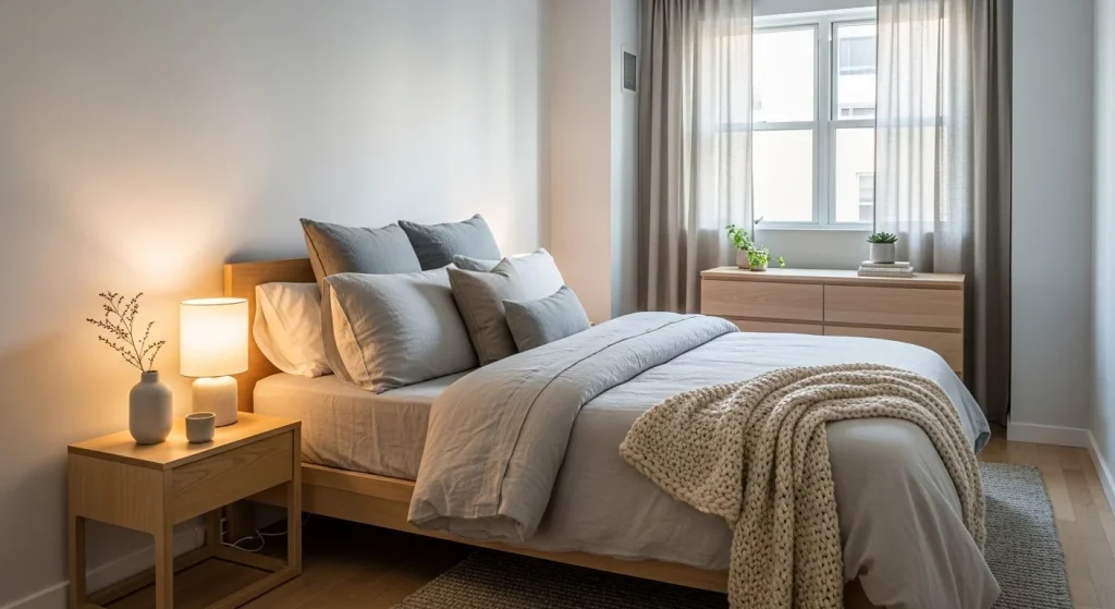 neutral linen bedding in small apartment bedroom