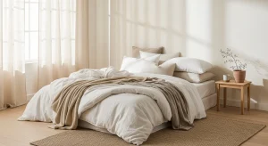 soft white minimalist small apartment bedroom