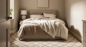 neutral small apartment bedroom with layered linen bedding and warm light