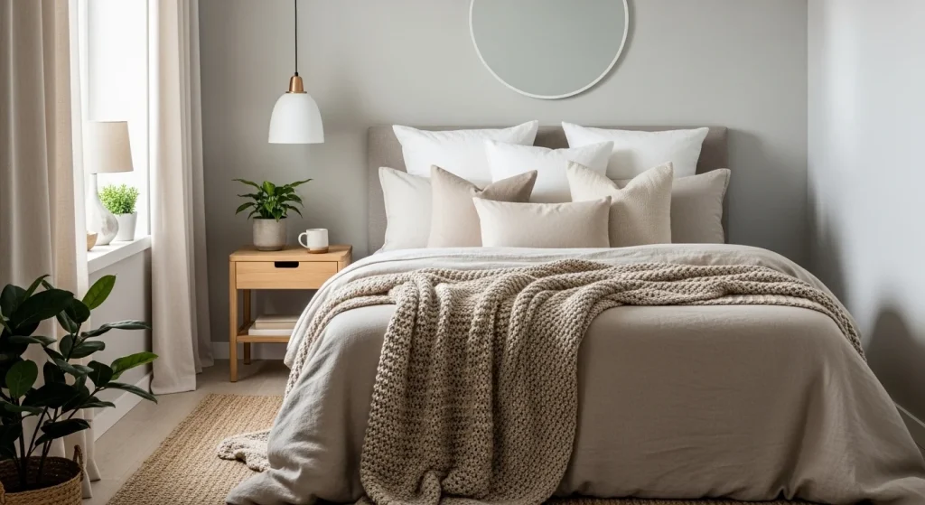 layered neutral bedroom throw pillow ideas