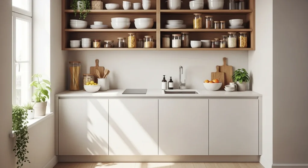 open shelving small apartment kitchen ideas