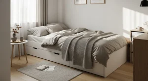 small apartment bedroom with built in drawer bed storage