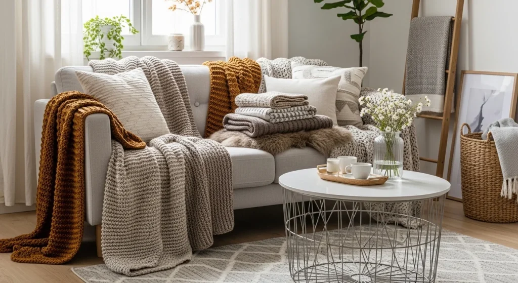 layered throw blankets cozy small apartment living room decor