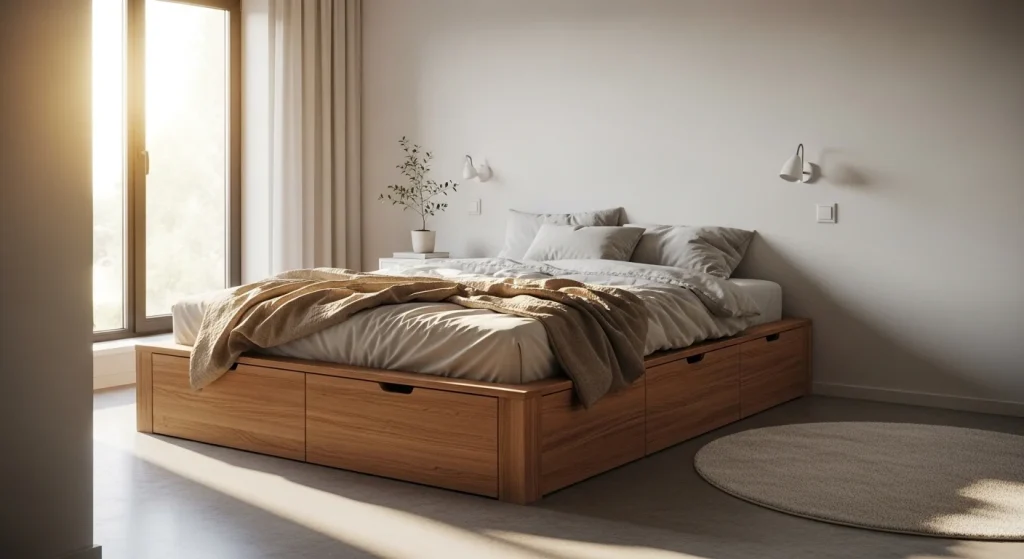 Cozy bedroom with wooden bed