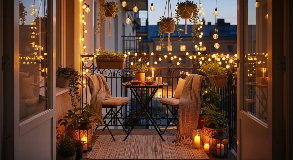 Balcony fairy lights creating a cozy warm glow