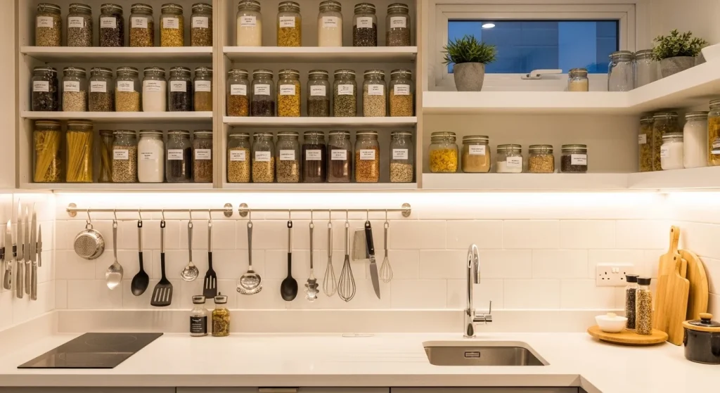 Vertical wall storage in small apartment kitchen