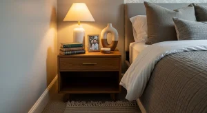 small apartment bedroom with thoughtfully styled decor details