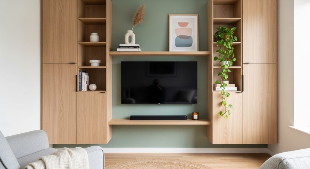 vertical storage small apartment TV wall ideas
