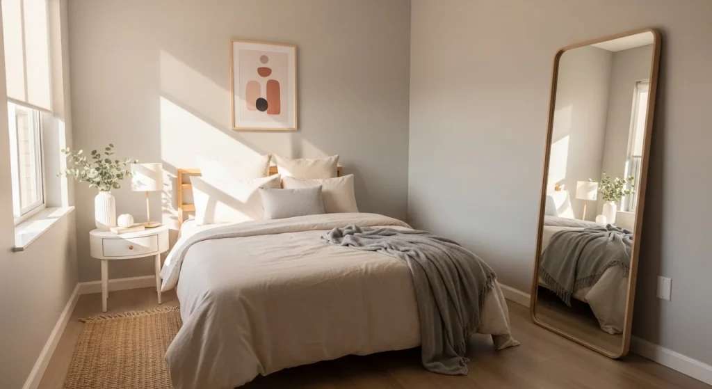  mirror illusion small apartment bedroom design idea
