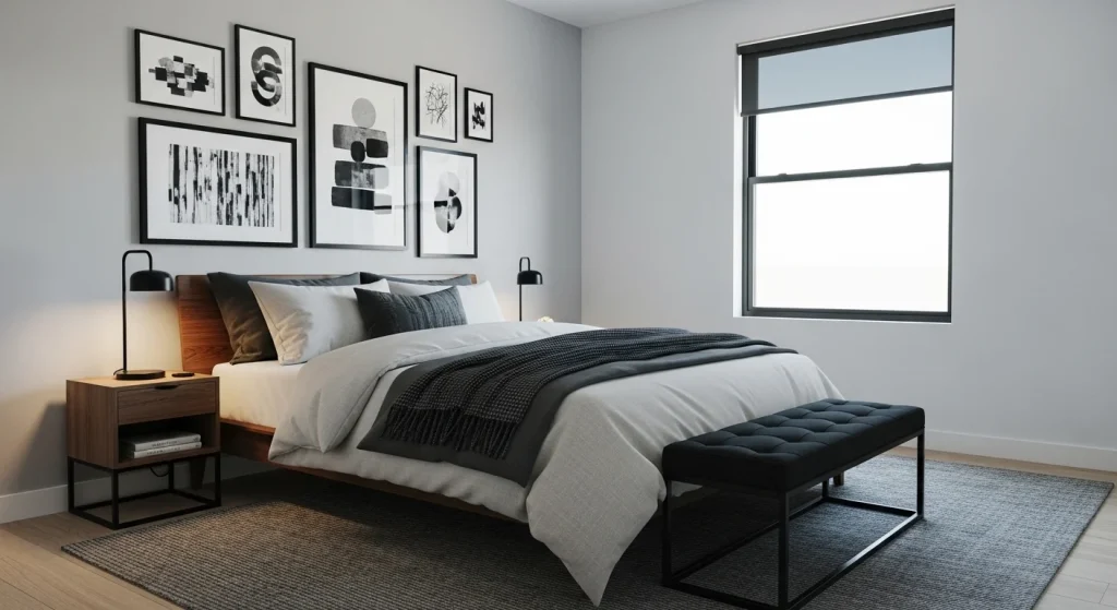 gallery wall small apartment bedroom idea for men
