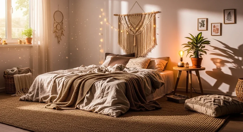  boho aesthetic small apartment bedroom idea
