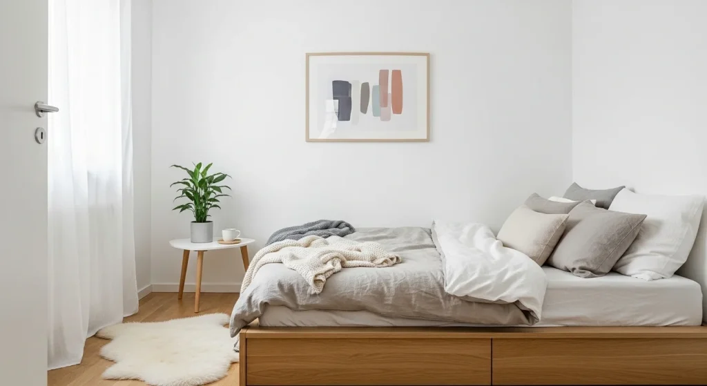 Scandinavian small bedroom with low platform bed