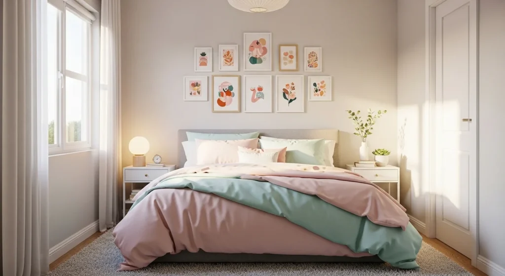 small bedroom with pastel gallery wall decor
