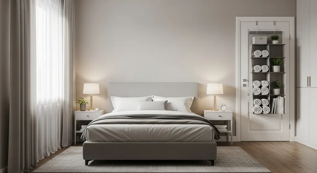 Over the door storage organizer with pockets for accessories in a compact bedroom