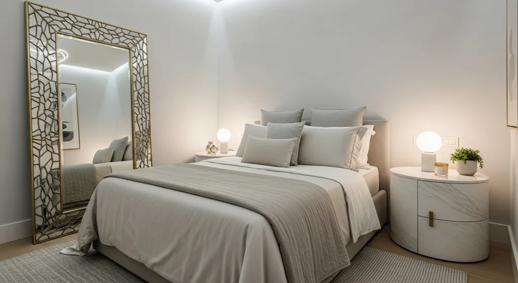 small apartment bedroom with oversized decorative mirror
