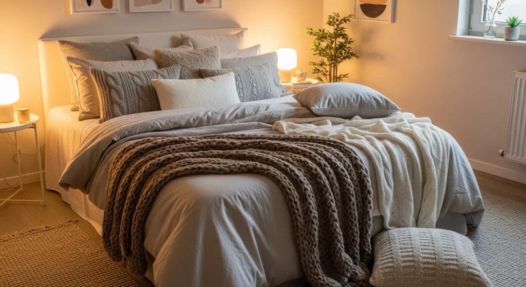 soft aesthetic bed styling in small apartment bedroom
