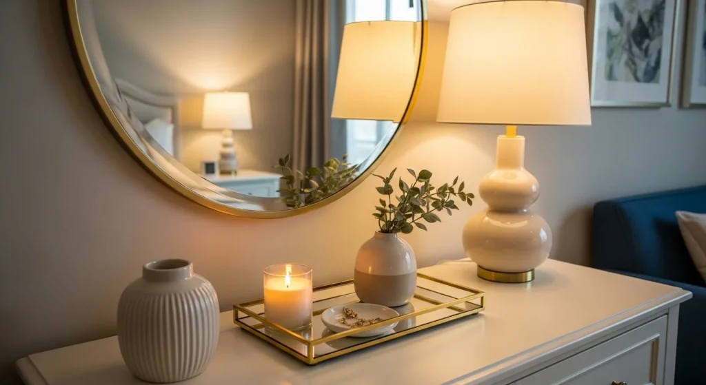 gold accent bedroom dresser decor ideas