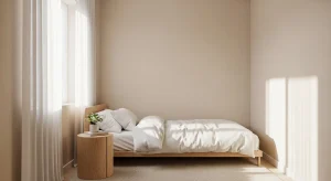 clean and intentional minimalist small apartment bedroom