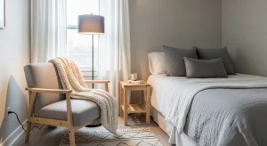  small bedroom with cozy reading corner by the window 