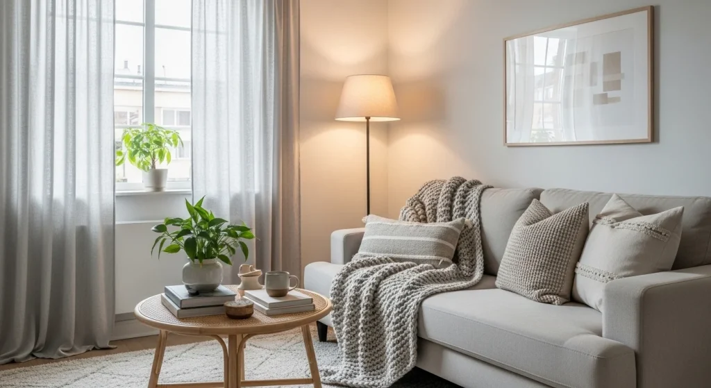 neutral curtains cozy small apartment living room decor