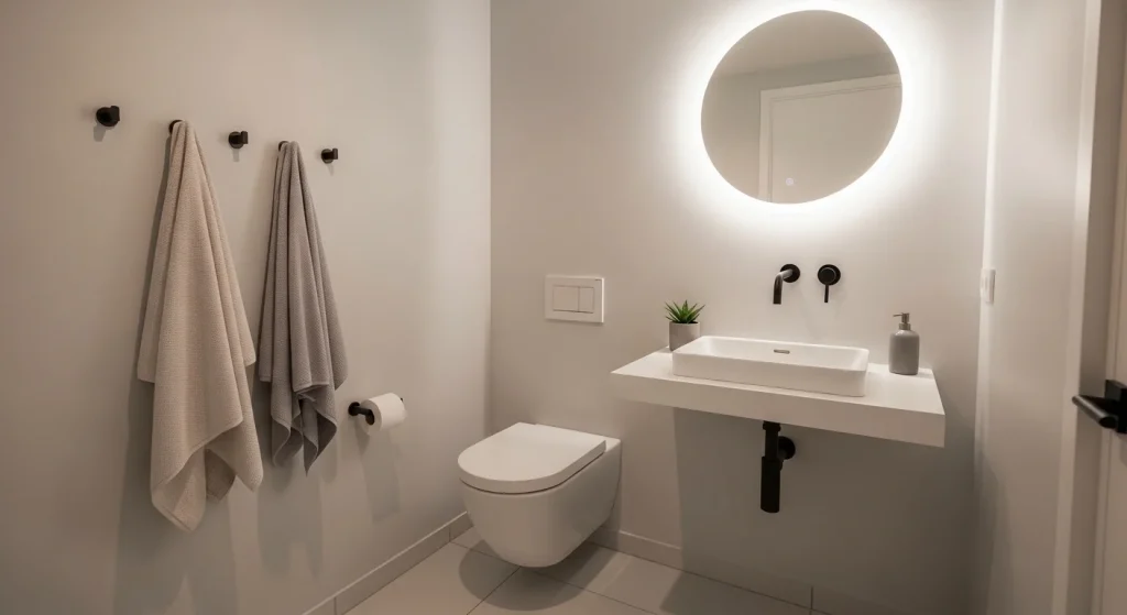 wall hooks minimal small apartment bathroom ideas