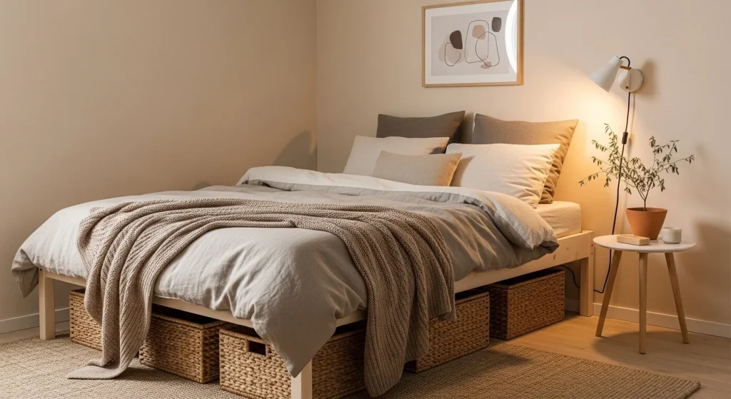 woven basket storage under bed in small apartment bedroom