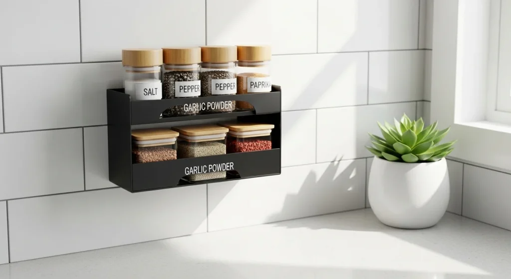 spice rack small apartment kitchen counter decor ideas
