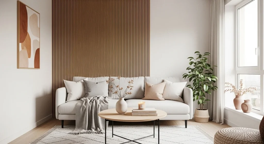 wooden slat wall small apartment living room wall decor ideas