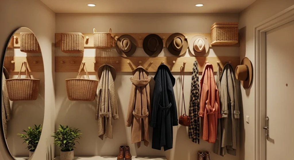 peg rail system in small apartment entryway offering flexible vertical storage