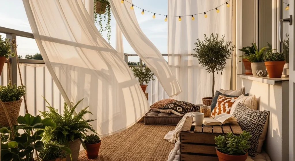 Fabric curtains creating soft balcony styling