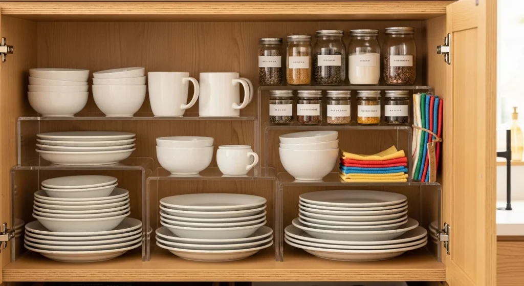 Shelf risers for maximizing cabinet space