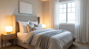 cozy small apartment bedroom with upholstered headboard