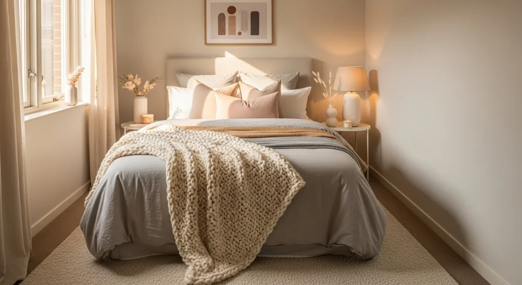 textured throw blanket small apartment bedroom decor