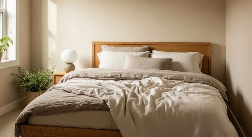 linen aesthetic small apartment bedroom decor
