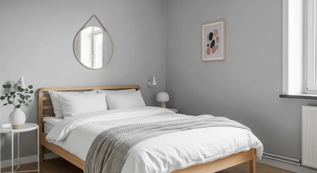 Scandinavian small bedroom with soft gray walls and wood furniture