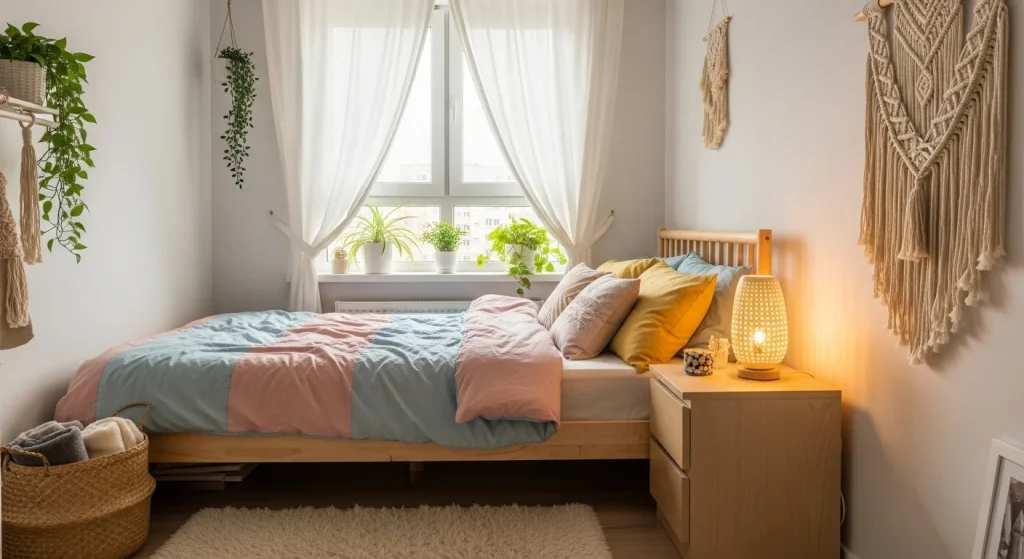 cute small bedroom with sheer curtains and soft sunlight
