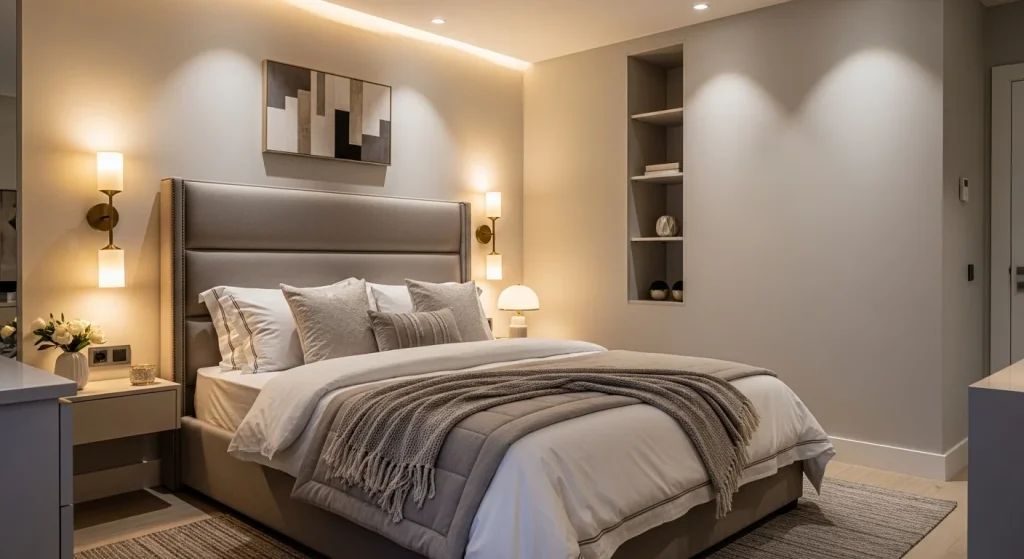 luxury small bedroom with hotel style bedding
