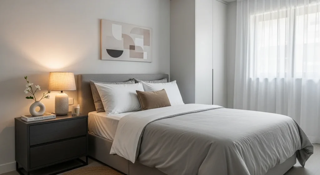 Modern drawer nightstand with hidden storage beside bed in a small apartment bedroom