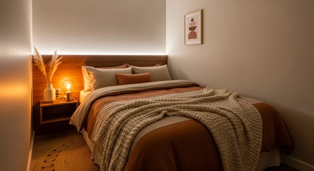  warm earth-toned bedding in small apartment bedroom