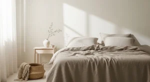 natural linen minimalist small apartment bedroom