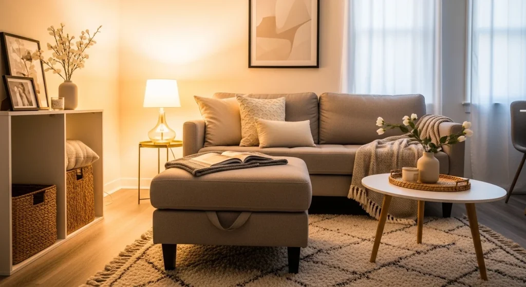 ottoman seating cozy small apartment living room ideas