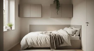 wall mounted cabinet storage in small apartment bedroom