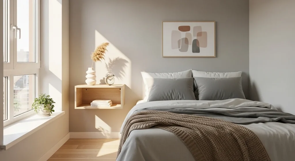 floating wall mounted nightstand in small apartment bedroom
