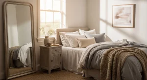 small bedroom with mirror reflecting warm natural light
