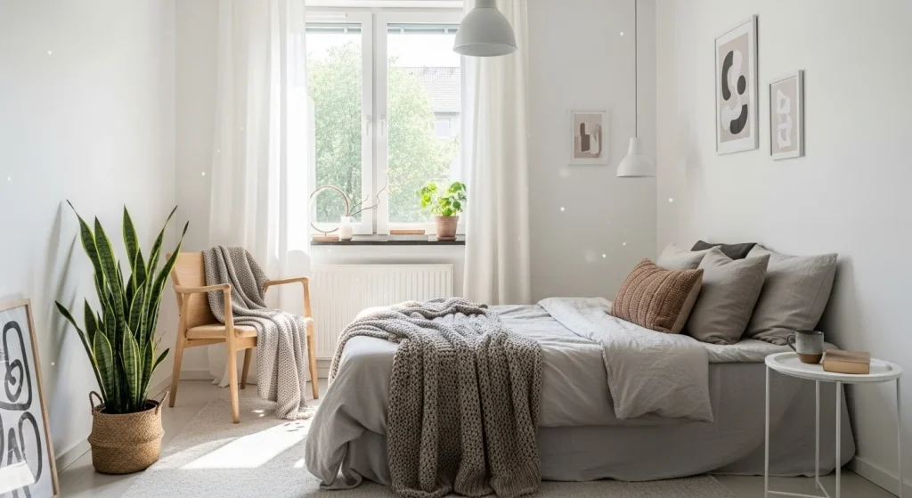 Scandinavian bedroom with window reading nook
